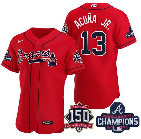 Men's Atlanta Braves #13 Ronald Acuña Jr. 2021 Red World Series Champions With 150th Anniversary Flex Base Stitched Jersey Men's Atlanta Braves #13 Ronald Acuña Jr. 2021 Red World Series Champions With 150th Anniversary Flex Base Stitched Jersey